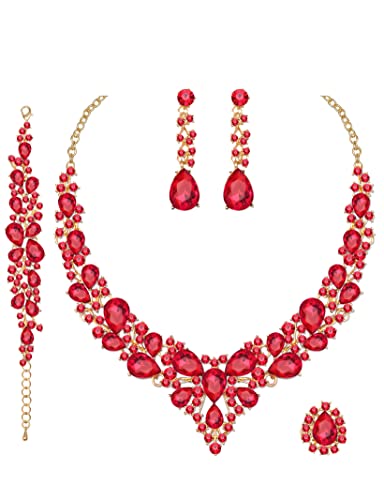 CSY 4 Pcs/Set Austrian Crystal Necklace Earrings Bracelet Ring Bridal Jewelry Sets for Brides Wedding Party Costume Accessories Gifts for Women - color: 02-gold plated-red