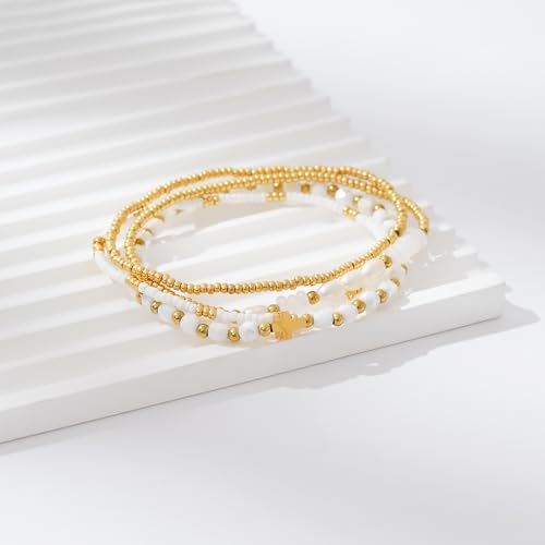 Dainty Gold Plated Pearl Crystal Beaded Bracelets Set for Women 14K Gold Plated Bead Pearl Beads Bracelet Stackable Paperclip Link Chain Bracelets Gold Plated Bracelets for Women Trendy Jewelry - color: Style3-gold white bracelets set
