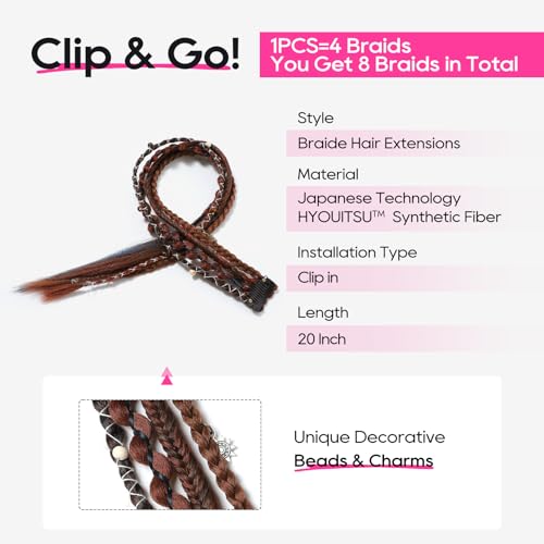 REECHO Clip in Braids for Women, 20" Boho Dreadlock Clip in Braids with Beads & Charms, 2PCS Synthetic Braided Hairpieces for Music Festival Season Cosplay Daily, Dark Auburn Brown Mix - color: Dark Auburn Brown Mix, size: 20 Inch