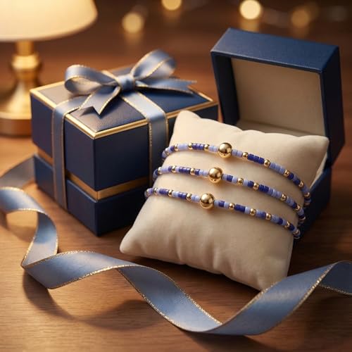 Dainty Gold Plated Tiny Ball Colorful Beaded Stack Bracelets Sets for Women,3Pcs Stackable Cute Bracelet Stretch Trendy Ball Jewelry Friendship Gift - color: blue