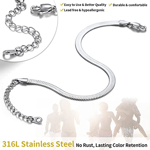 ChainsHouse Ankle Bracelets for Women, Stainless Steel Chain Anklets Waterproof, Women Summer Beach Jewelry Gift, Come with Box - color: 10. 5mm-Herringbone-Steel