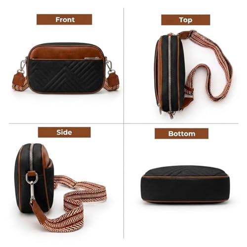 Vantamo Premium Quilted Crossbody Bags for Women with Anti-Pickpocket Clip, Vegan Leather Handbags, Travel Purses for Women - color: Black & Brown With Jacquard Strap