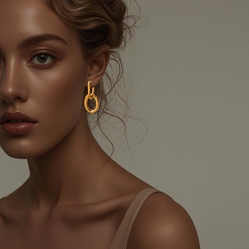 Stainless Steel Hoop Earrings for Women Gold Tone Geometric, Huggie Heart Twisted Minimalist Engraved Designs for Daily Wear - color: Gold_15mm*33mm