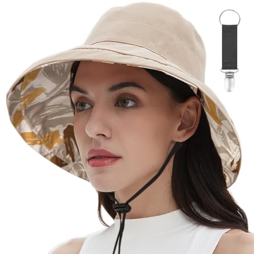 vidsel Womens Sun Hats Wide Brim Reversible Bucket Cotton Hat Packable Summer Travel Cap with Hat Clip,UV Protection - color: Khaki2, size: Medium