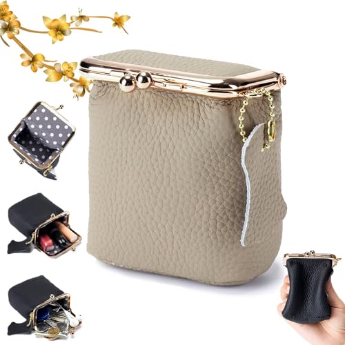 Genuine Leather Mini Jewelry Box, Portable Genuine Leather Mini Coin Jewelry Purse, Vintage Travel Jewelry Case Organizer with Kiss Lock, for Earring, Ring, Necklace Coin or Lipstick(Beige) - color: Beige