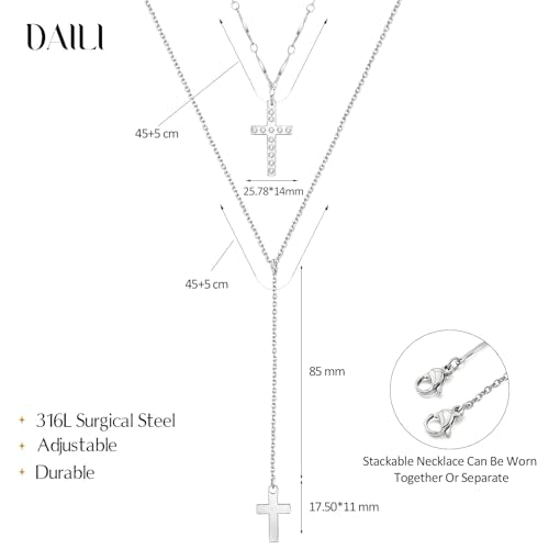 DALI Long Gold Necklaces for Women, Dainty Layered Sterling Silver Plated Y Shaped Necklace Stack Non Tarnish Cross CZ Pendant Long Chain Choker Adjustable Necklaces Jewelry for Vacation Christmas - color: Silver Cross Long Necklace