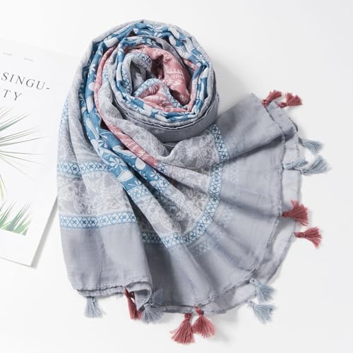 QIUTIMIY Scarf for Women Lightweight Soft Floral Leopard Printed Scarves Fall Winter Fashion Shawl Wrap with Fringe - color: Flower-gray Pink
