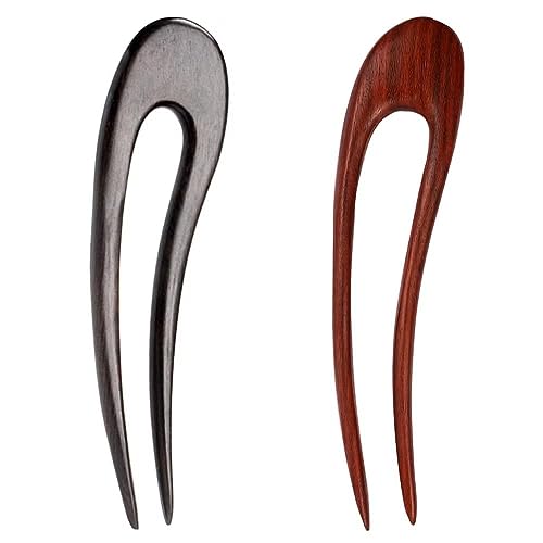 Wooden Hair Forks U Shape Hair Stick for Long Hair Handmade French Hairpin Wood Vintage Two Prong Hair Clip for Women Hair Accessories (2pack moon wooden hair fork)