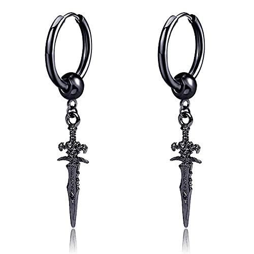 Sword Drop Dangle Small Hoop Earrings for Women Men Stainless Steel Engrave Dagger Halloween Statement Charms Drop Dangling Hoops Cuff Cartilage Wrap Vintage Punk Pray Jewelry - color: Black