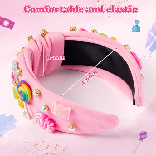 PANTIDE Candy Jeweled Knotted Headband - Valentine's Day Rainbow Lollipop Rhinestone Embellished Preppy Headband Non Slip Wide Top Knot Hairband Hair Accessories Birthday Gift for Women Girls (Pink) - color: Pink Candy