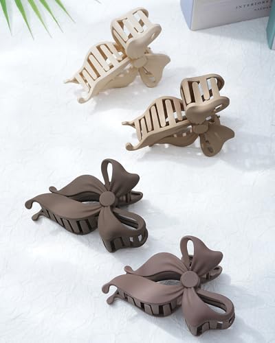 4 PCS Bow Hair Clips Bow Claw Clip for Women, Large Hair Claw Clips for Thin Thick Long Hair Cute Nonslip Bows (Dark khaki+light khaki+Dark Brown+Beige) - color: Dark khaki+light khaki+Dark Brown+Beige
