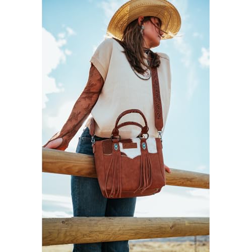 Montana West Western Cowhide Crossbody Bag for Women Designer Leather Tassel Top Handle Handbags - color: Brown