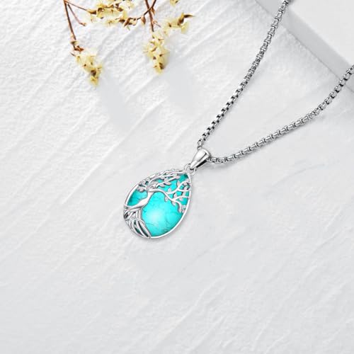 Turquoise/Amethyst/Moonstone/Black Onyx Tree of Life Necklace for Women Hummingbird Necklaces White Gold Plated Copper Jewelry - style: B-Tree of Life -Turquoise