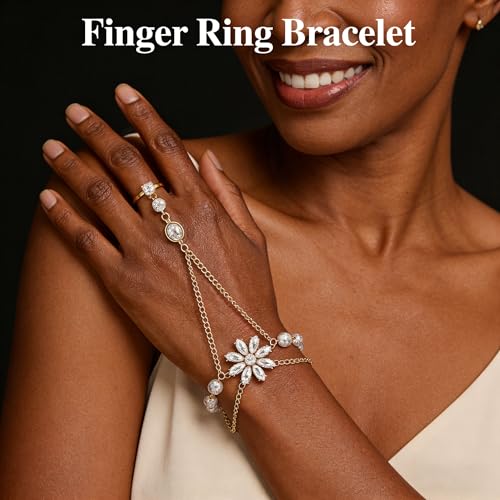 Hand Chain Bracelets for Women Elegant Gemstone Flower Hands Harness Bracelet Adjustable Finger Ring Bracelet Hand Chain Wrist to Finger Hand Jewelry Gift for Women - color: White