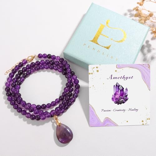 Healing Crystal Necklaces for Women Trendy Natural Stone Beaded Long Pendant Necklaces for Womens Handmade Bohemian Fashion Necklace Jewelry Gift - color: Amethyst