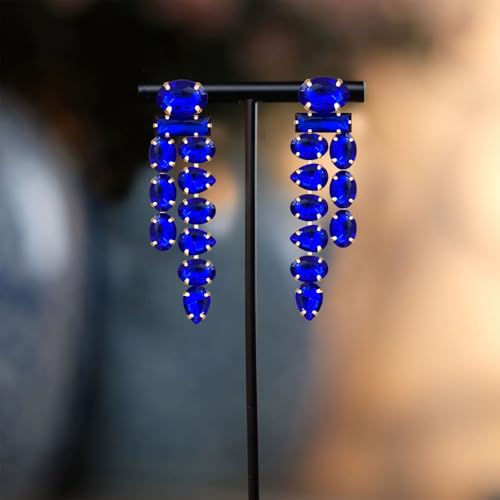 Boho Large Sparkly Rhinestones Teardrop Drop Dangle Earrings Long Tassel Full Crystals Chain Earrings for Women Wedding - style: Blue