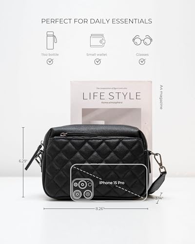 Alldaily Small Triple Zip Crossbody Purse for Women, Vegan Leather Phone Bag with Wide Shoulder Strap - color: Quilted Black