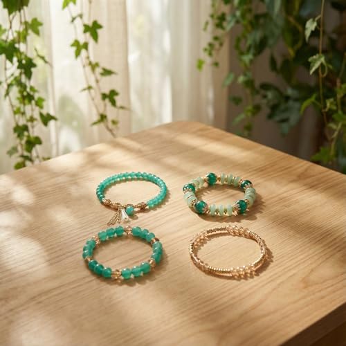 Bohemian Bracelet Sets for Women - 4-Pack Stackable Stretch Bead Bracelets with Black＆White Crystal & Gold Accessories, Multi-Layer Boho Jewelry - color: dark green
