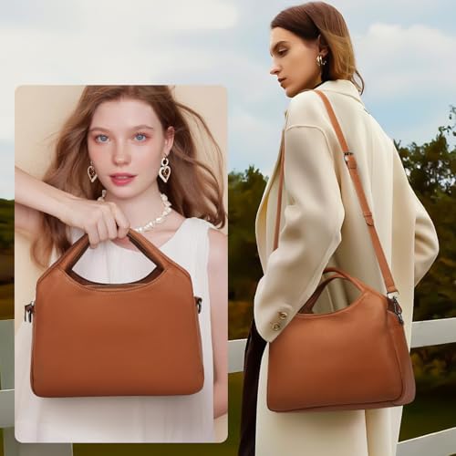 KOGTLA Medium Genuine Leather Purses for Women with Detachable Satchel Strap, Ladies Soft Handbags, Tote Hobo Bags - color: Brown