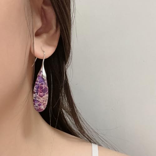 SELOVO Stone Fishhook Dangle Drop Earrings Statement Earrings for Women Stone - color: Reddish Violet-Silver Color Hook
