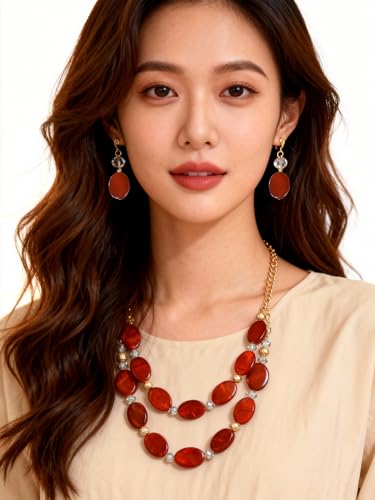 2 Layered Chunky Beaded Shell Necklace for Women Sea Shell blue/yellow/red/green/turquoise/teal/white Statement Necklace and Earring Set Elegant Women Necklace Set Jewelry Sets for Women - color: burnt orange
