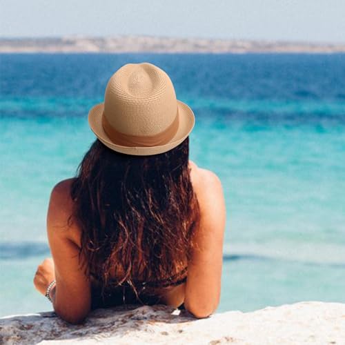 DRESHOW Women Straw Sun Hat Short Brim Panama Travel Fedora Summer Hat Roll Up Beach Cap for Women UPF 50+ - color: 1 Pc Straw Hat: Khaki (Brown Ribbon)