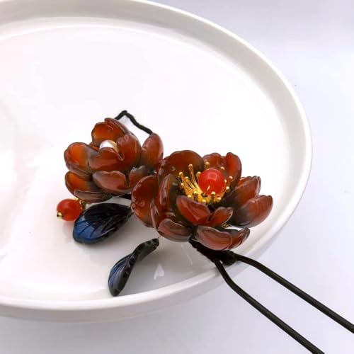 Dark Red Resin Hair Stick with Blue Leaves, Elegant Chinese Hanfu Hairpin for Women, Metal Hair Pin for Long Hair, Vintage Hair Accessory for Bun (Dark Red Rose) - color: Dark Red Rose