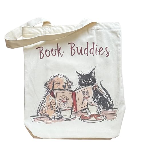Canvas Tote Bag with Zipper for Women, Aesthetic Tote Bag with Pocket for Vacation, Shopping, Travel, Beach - style: Book Buddies