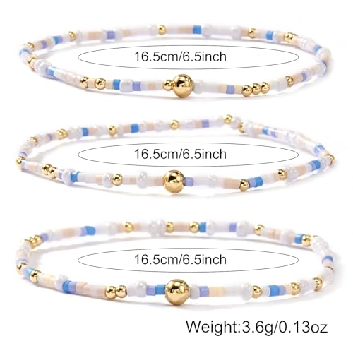 Dainty Gold Plated Tiny Ball Colorful Beaded Stack Bracelets Sets for Women,3Pcs Stackable Cute Bracelet Stretch Trendy Ball Jewelry Friendship Gift - color: lake-blue