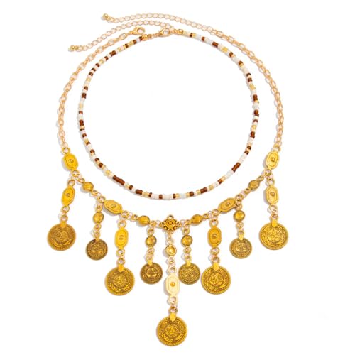 Gypsy Bohemian Coin Pendants Necklace Layered Boho Coins Pirate Necklaces Gold Coin Tassel Statement Necklace Bohemian Gypsy Costume Jewelry for Women