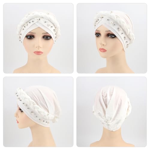 African Women Turban Caps Pre-Tied Twisted Turbans Head Scarf for Women Hair Wraps Cover Beanie Cancer Chemo Headwear - color: 1 Pack Twisted Braid A: Pearls White