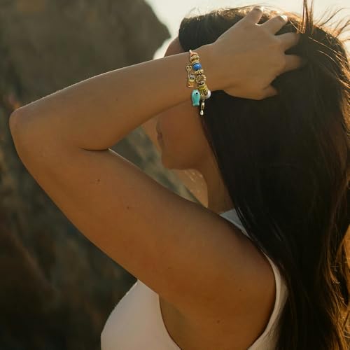 Madison Tyler Beach Bracelet for Women | Seahorse Octopus Tropical Fish Sea Turtle Shell Conch Beaded Charm Bracelet | Cute Gold Plated Adjustable Snake Chain Bracelet - style: Blue Fish
