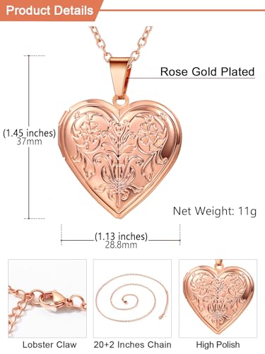 U7 Women Locket Necklace Platinum 14K Gold Photo Lockets that Hold Picture,Chain 20 Inch Personalized Gift Custom Love Heart Image Necklaces - color: 02# Rose Gold*Flower Grain