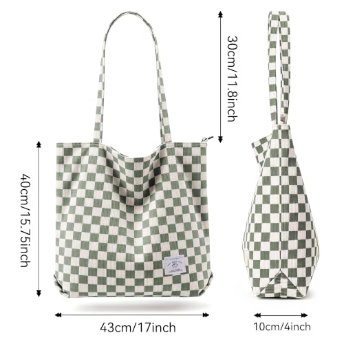KALIDI Women Corduroy Tote Bag Zipper Casual Tote's Handbag Big Capacity Shoulder Bag with Pockets - color: Checkerboard Green