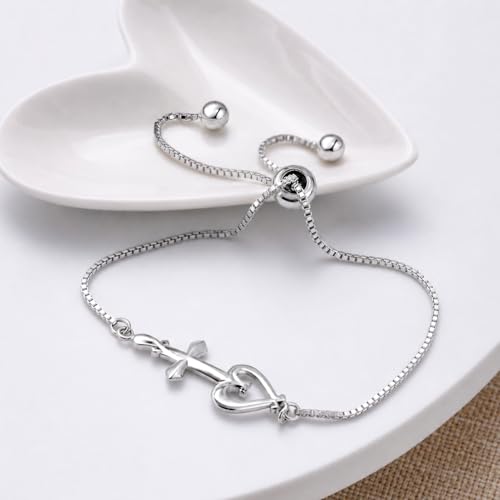 LeCalla 925 Sterling Silver Bracelets for Women | Italian Handmade Adjustable Sliding Bolo Bracelet Jewelry | Lightweight Adjustable Silver Chain Bracelet for Women | Hypoallergenic Jewelry Gifts - style: Cross Heart