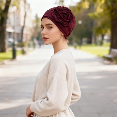 4 Pcs Chemo Turban Headwear for Women Stretchy Turban Head Wraps Cap Chemo Headwrap with Hair Loss - color: Black, Light Gray, Wine Red, Blue