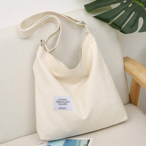 Covelin Women's Retro Large Size Canvas Shoulder Bag Hobo Crossbody Handbag Casual Tote - color: Beige