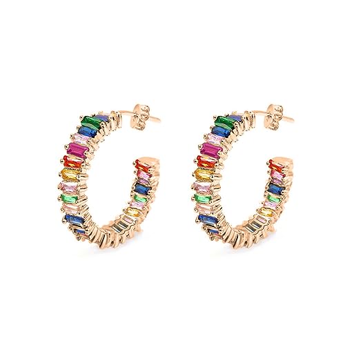 Savlano 14K Gold Plated Cubic Zirconia Multicolor Rainbow Round Hoop Stud Earrings for Women Comes with a Gift Box - color: Rose Gold