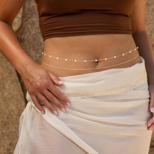 MFRYK 2PCS 14K Gold Plated Waist Chain Layered Pearl Cuban Beaded Satellite Figaro Belly Body Chain Boho Beach Waist Chains For Women Adjustable Waterproof Sexy Bikini Body Chain Jewelry For Women - style: Pearl Satellite Layered-Gold
