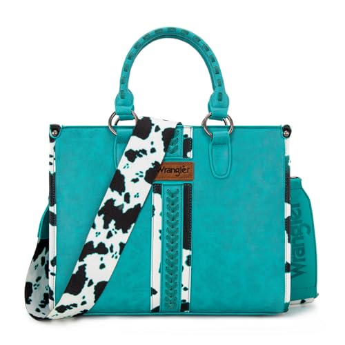 Montana West Wrangler Animal Print Tote Bag for Women Western Purse Boho Top Handle Satchel Handbag - color: Cow Turquoise