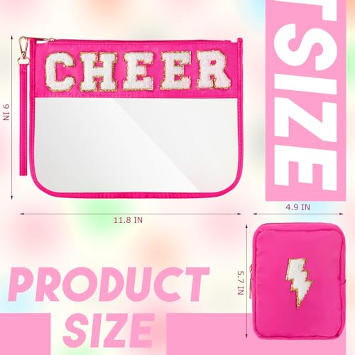 Hillban 2 Pcs Cheer Makeup Cosmetic Bag Cheerleader Team Gifts Clear Zipper Toiletry Pouch for Travel Chenille Letter Bag Pink Preppy Patch Purse PVC Waterproof Cheer Stuff Accessories for Women Girl - style: Cheer Theme