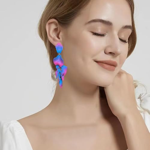 Long Acrylic Rose Petal Earrings Dangle Exaggerated Flower Earrings Drop Statement Floral Tassel Earrings for Women - color: Hot Pink + Blue
