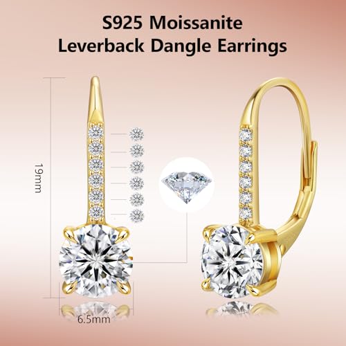 KRKC Moissanite Earrings, 1.0ct-2.0ct D Color Lab Created Diamond Earring, 14k White Gold Plated Sterling Silver Dangle Earrings S925 Leverback Drop Earring for Women Hypoallergenic Jewelry for Gifts - color: Round-Gold-6.5mm