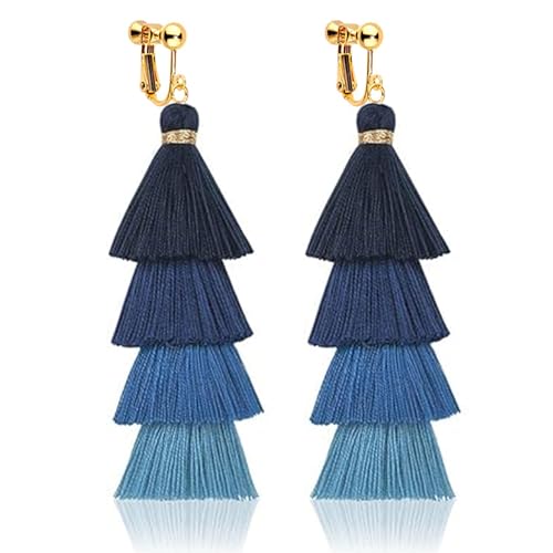 Clip on Earrings, Lightweight Colorful Layered Tassel Bohemian Statement Tiered Big Dangle Drop Earrings for Women, Non Pierced, Boho Jewelry - color: Sky blue