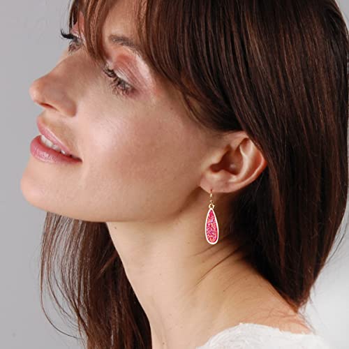Teardrop Dangle Earrings for Women with Simulated Druzy Stones, in Gold or Rose Gold Tone - color: Gold - Hot Pink Stone