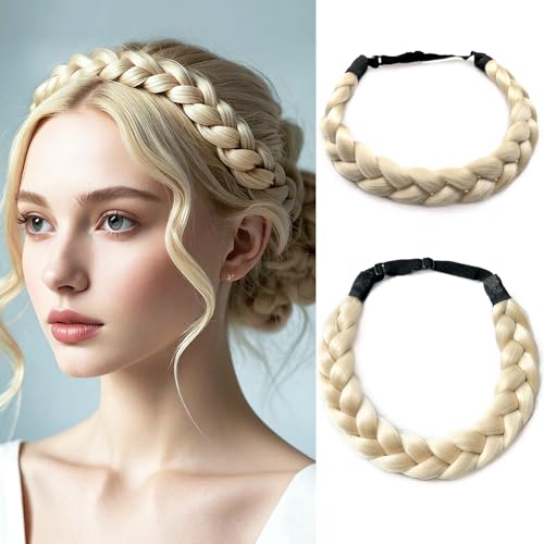 Braided Headbands Hair Piece for Women Synthetic Hair Braided Headband Classic Wide Strands Wedding Disorderly Fluffy Braids Hair Band Women Beauty Accessory - color: 613-Lightest Blonde
