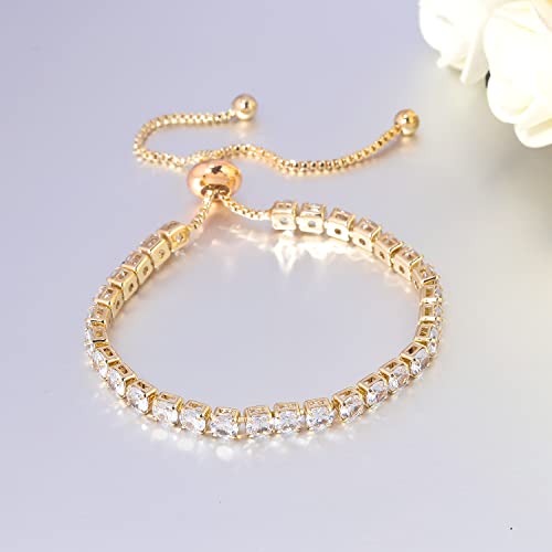 CiNily Adjustable Tennis Bracelets for Women Teen Girls Rainbow Cubic Zirconia Bracelet 14K White Gold Plated Hypoallergenic Slider Bracelet Jewelry Gift - color: Adjustable bracelet-Yellow Gold