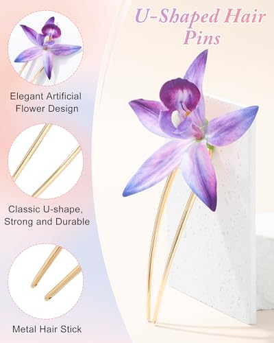 WELROG 3 Pack Hawaiian Orchid Flower Hair Pins,Metal Hair Sticks for Beach Vacation,Non-Slip Fork for Thick Hair Updo - color: Purple+Pink+Green