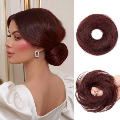 Burgundy Hair Bun, Messy Bun Hair Piece, Soft Fluffy Elastic Scrunchie, 30s Easy Updo for Women & Kids, Ideal for Daily Wear, Ballet, Dance & Office Use - color: Burgundy, size: 4 Inch