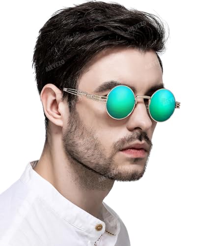AIEYEZO Round Steampunk Sunglasses for Men Women Retro Circle Hippie Glasses Metal Frame 100% UV Blocking Lens - color: Gold/Green Mirror